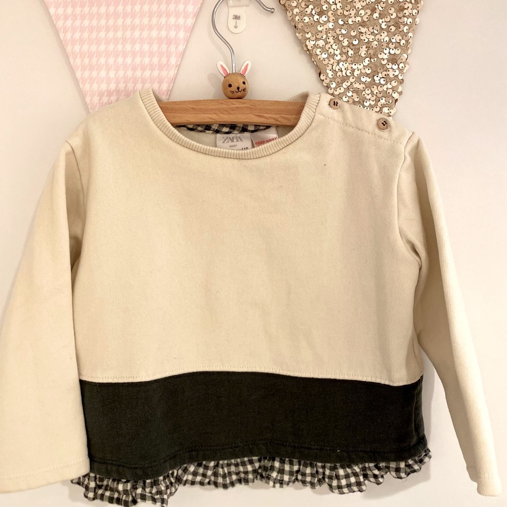 Zara- cream sweater with black and white gingham trim. Size 4/5T